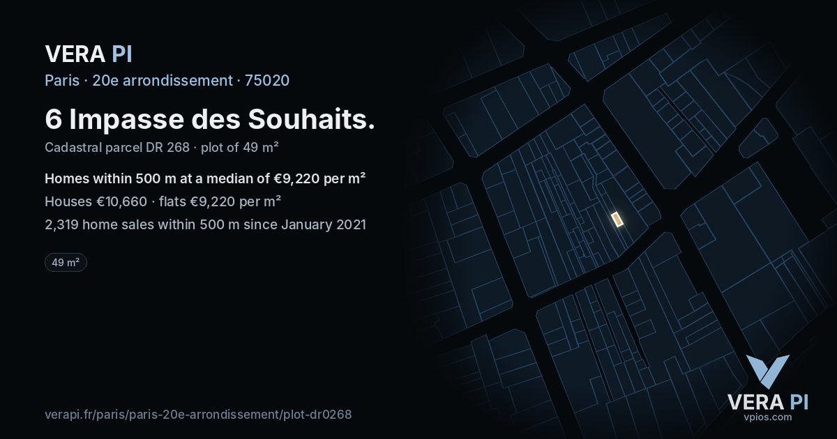 6 Impasse des Souhaits, 20e arrondissement at night – the plot lit, the parcels around coloured by the prices near them