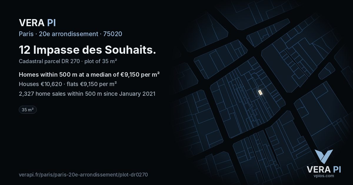 12 Impasse des Souhaits, 20e arrondissement at night – the plot lit, the parcels around coloured by the prices near them