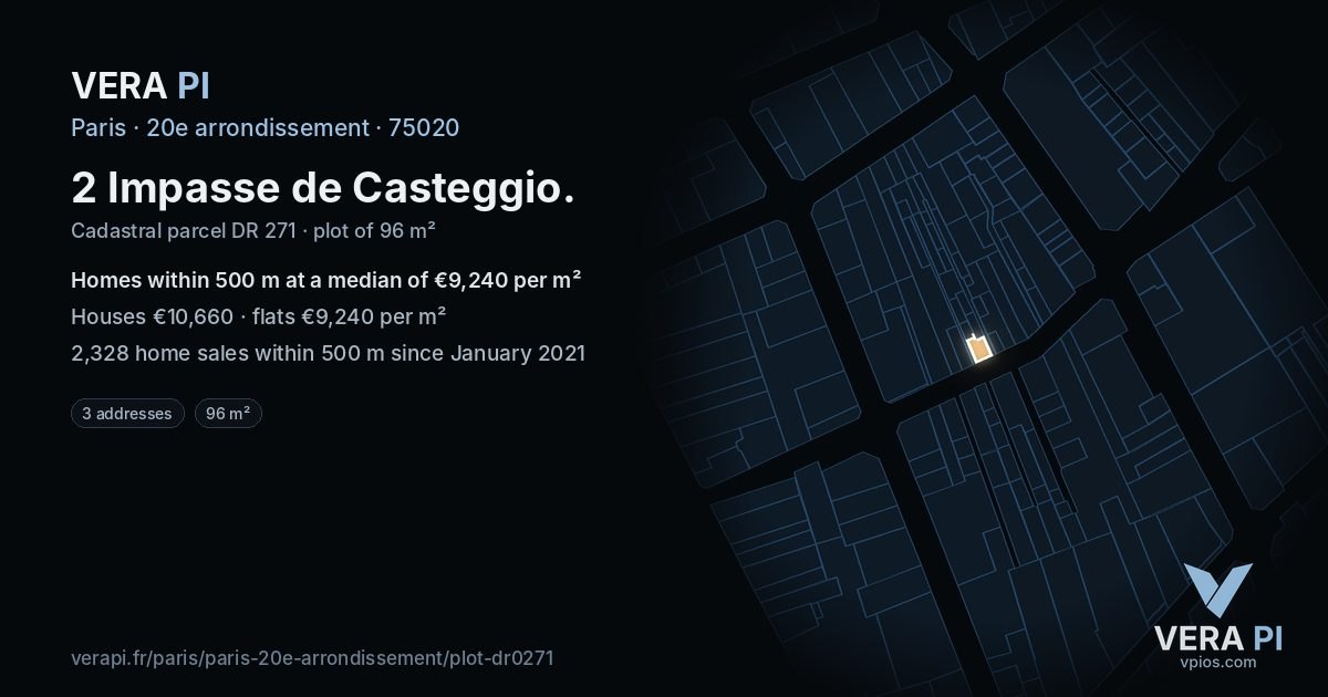 2 Impasse de Casteggio, 20e arrondissement at night – the plot lit, the parcels around coloured by the prices near them