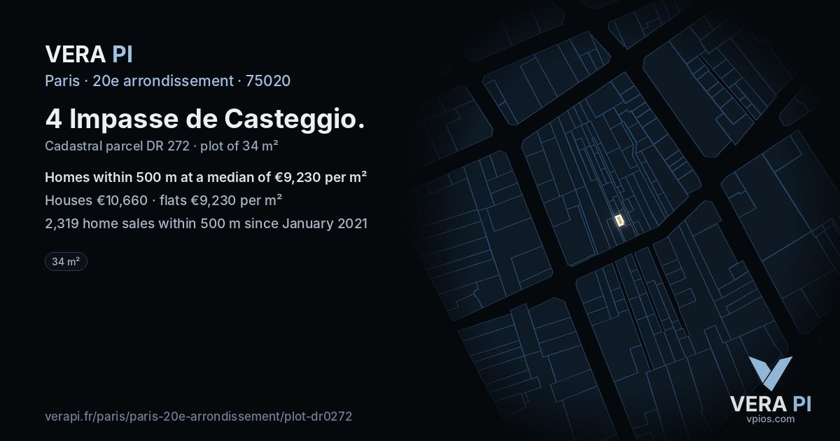 4 Impasse de Casteggio, 20e arrondissement at night – the plot lit, the parcels around coloured by the prices near them