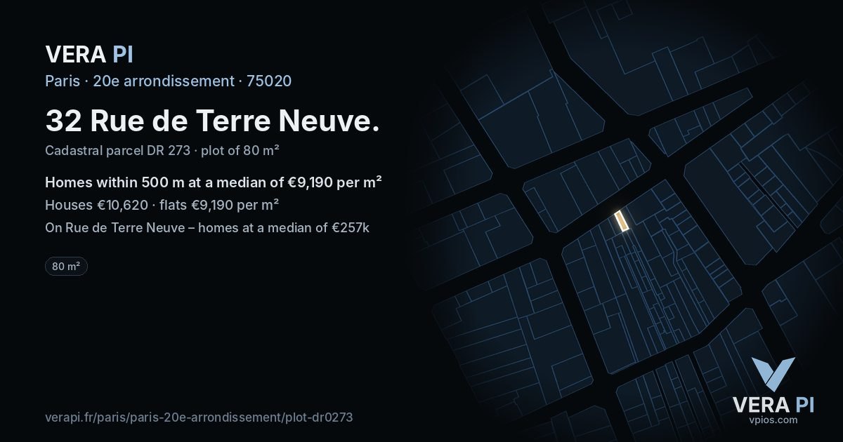 32 Rue de Terre Neuve, 20e arrondissement at night – the plot lit, the parcels around coloured by the prices near them