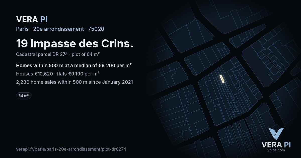 19 Impasse des Crins, 20e arrondissement at night – the plot lit, the parcels around coloured by the prices near them