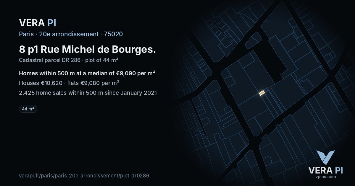 8 p1 Rue Michel de Bourges, 20e arrondissement at night – the plot lit, the parcels around coloured by the prices near them