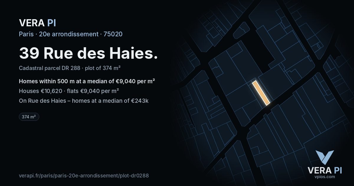 39 Rue des Haies, 20e arrondissement at night – the plot lit, the parcels around coloured by the prices near them