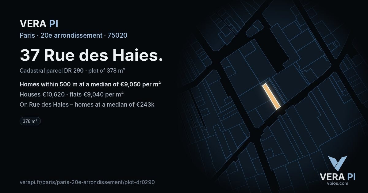 37 Rue des Haies, 20e arrondissement at night – the plot lit, the parcels around coloured by the prices near them