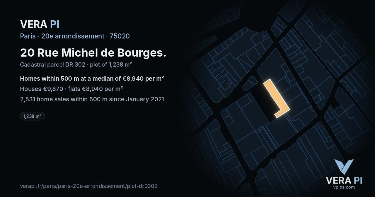 20 Rue Michel de Bourges, 20e arrondissement at night – the plot lit, the parcels around coloured by the prices near them
