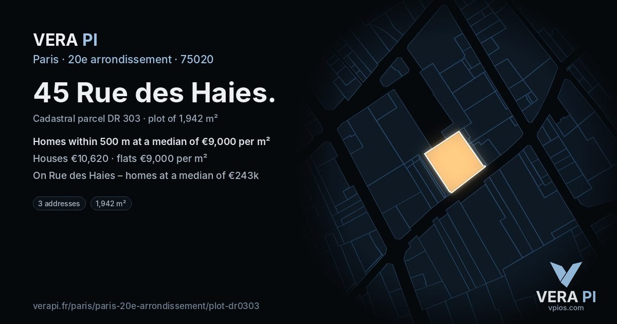 45 Rue des Haies, 20e arrondissement at night – the plot lit, the parcels around coloured by the prices near them