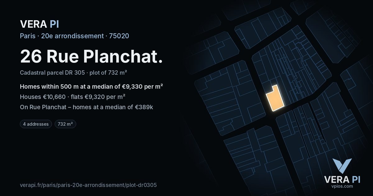 26 Rue Planchat, 20e arrondissement at night – the plot lit, the parcels around coloured by the prices near them