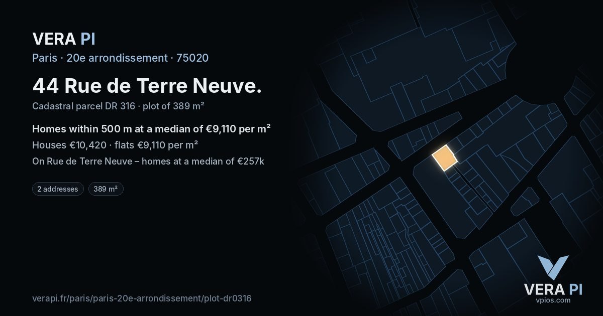 44 Rue de Terre Neuve, 20e arrondissement at night – the plot lit, the parcels around coloured by the prices near them