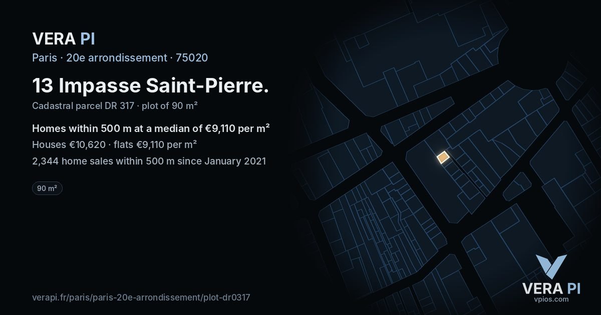 13 Impasse Saint-Pierre, 20e arrondissement at night – the plot lit, the parcels around coloured by the prices near them