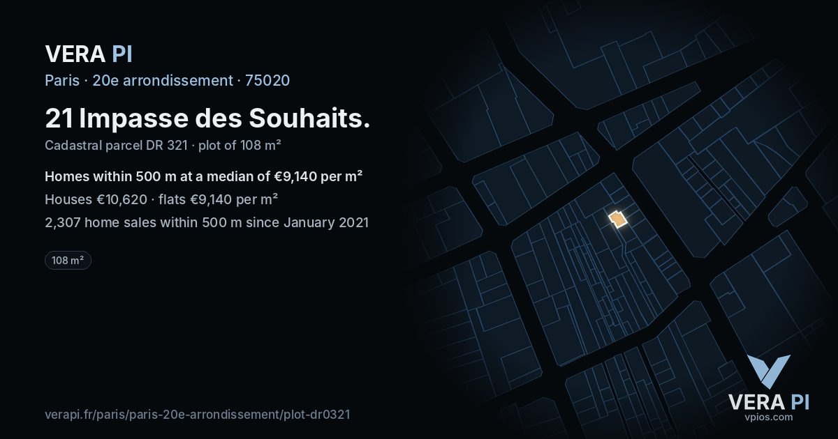 21 Impasse des Souhaits, 20e arrondissement at night – the plot lit, the parcels around coloured by the prices near them