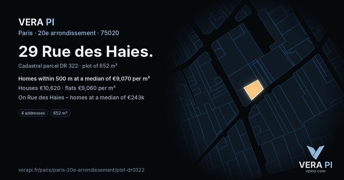 29 Rue des Haies, 20e arrondissement at night – the plot lit, the parcels around coloured by the prices near them