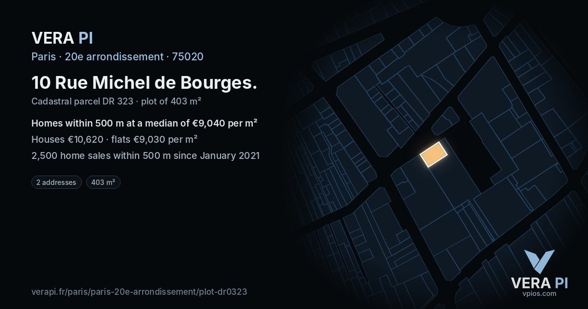 10 Rue Michel de Bourges, 20e arrondissement at night – the plot lit, the parcels around coloured by the prices near them