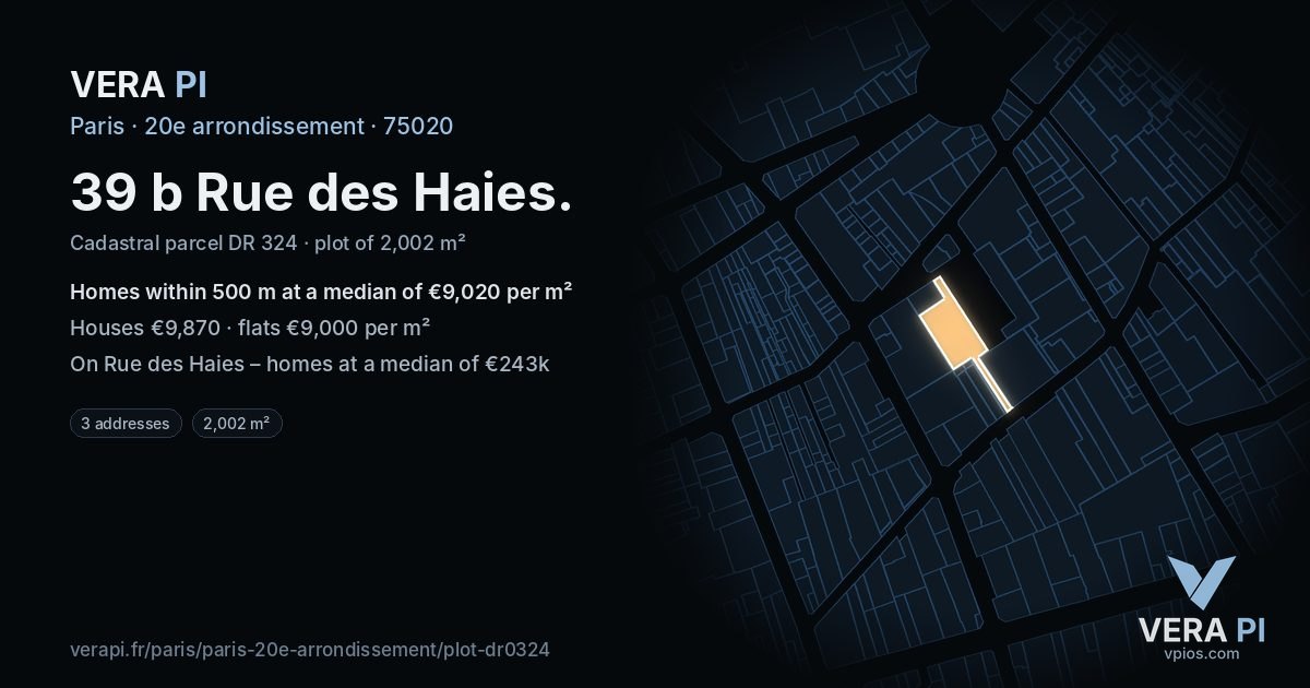 39 b Rue des Haies, 20e arrondissement at night – the plot lit, the parcels around coloured by the prices near them