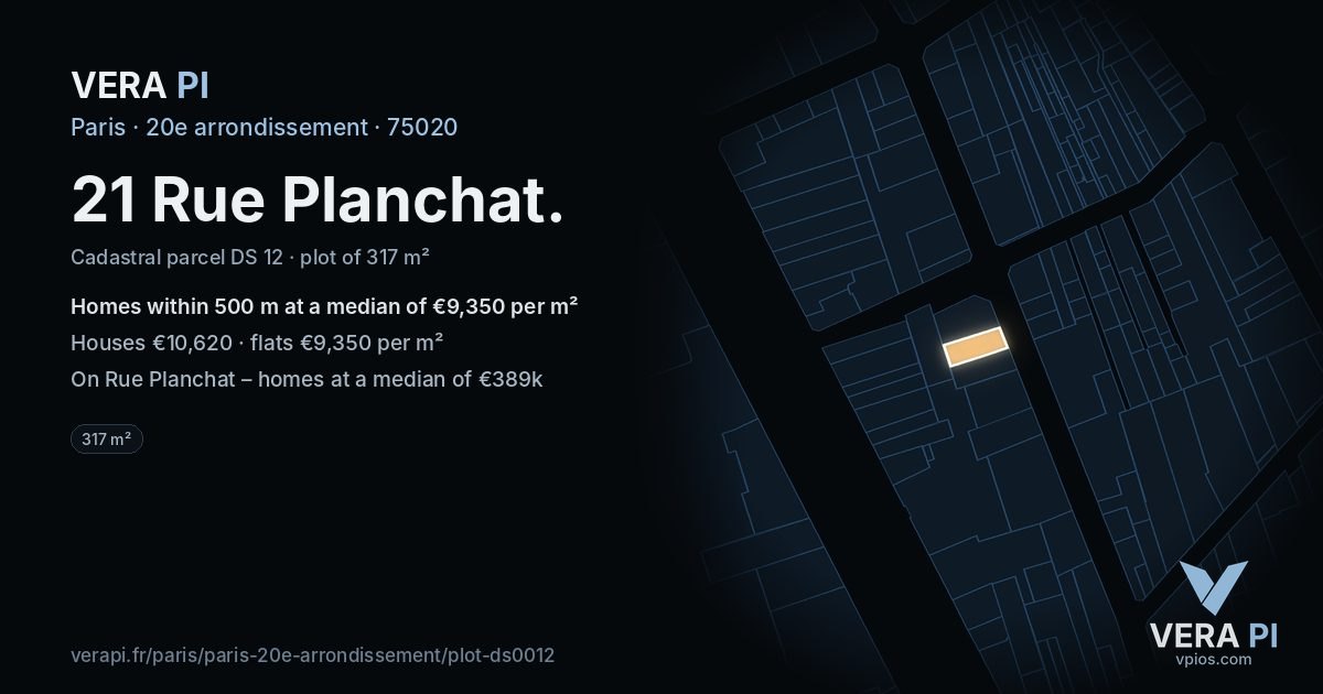 21 Rue Planchat, 20e arrondissement at night – the plot lit, the parcels around coloured by the prices near them