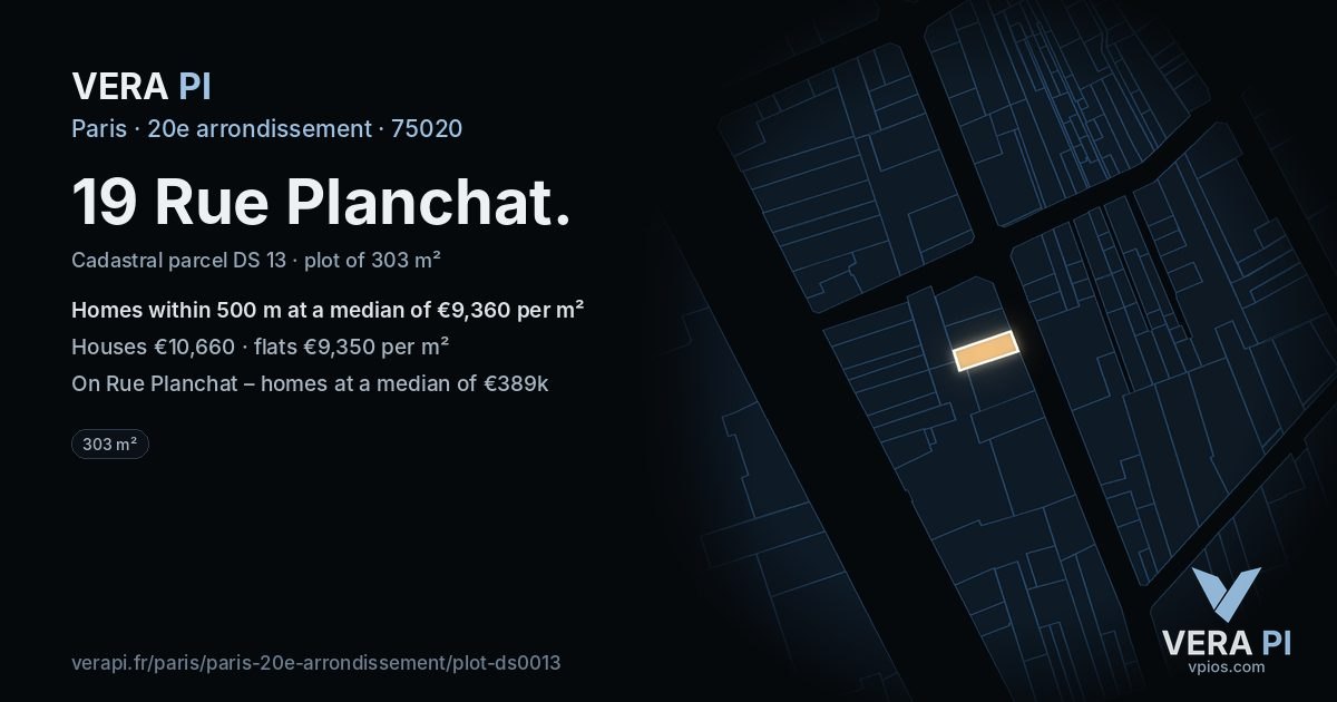 19 Rue Planchat, 20e arrondissement at night – the plot lit, the parcels around coloured by the prices near them