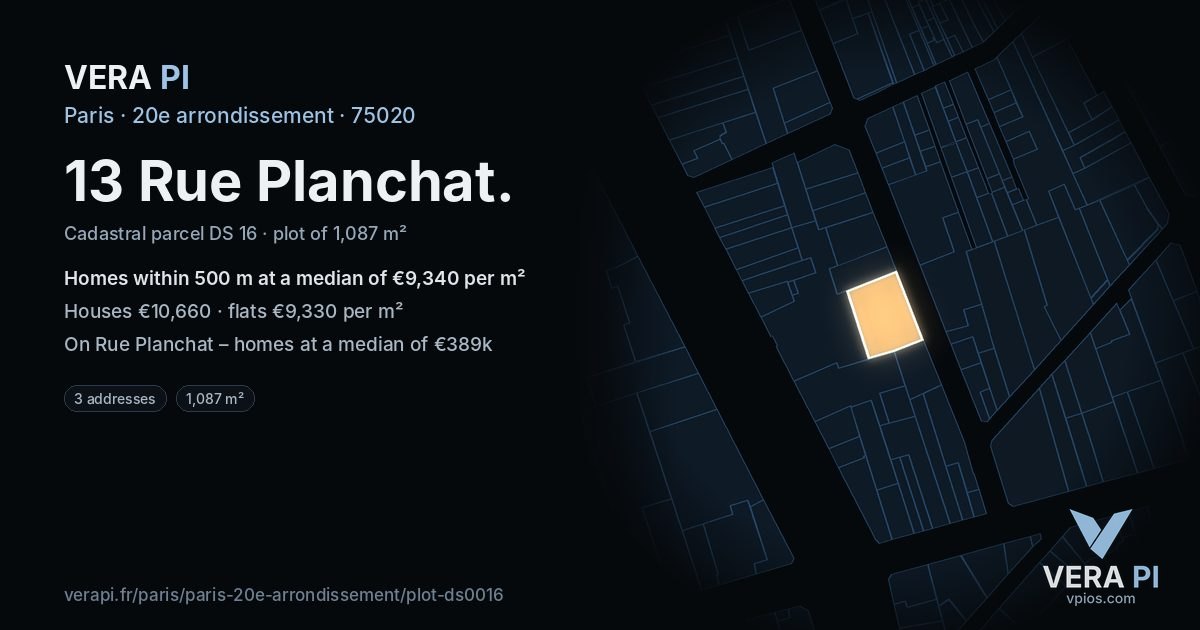 13 Rue Planchat, 20e arrondissement at night – the plot lit, the parcels around coloured by the prices near them