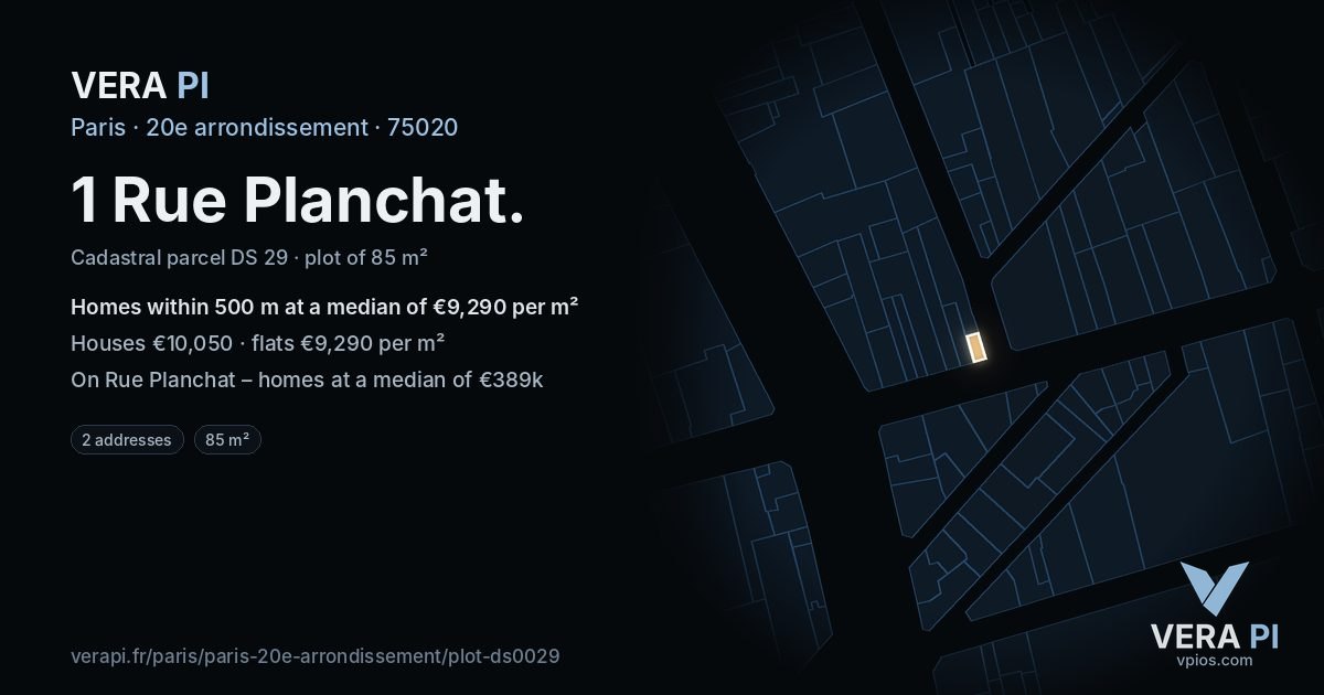 1 Rue Planchat, 20e arrondissement at night – the plot lit, the parcels around coloured by the prices near them