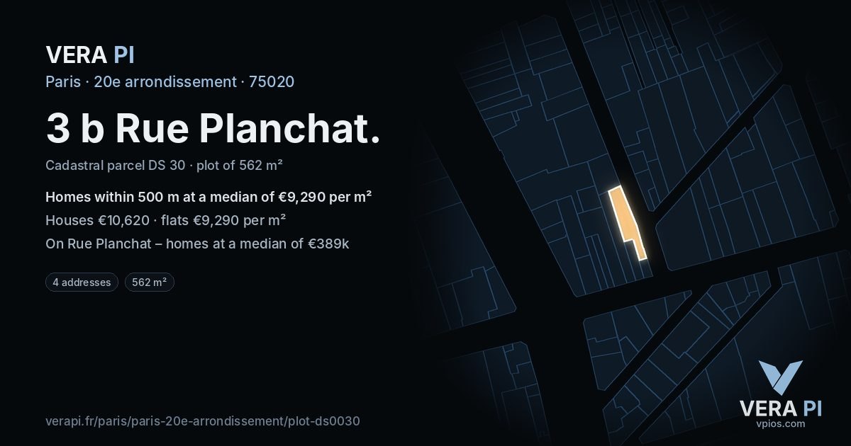 3 b Rue Planchat, 20e arrondissement at night – the plot lit, the parcels around coloured by the prices near them