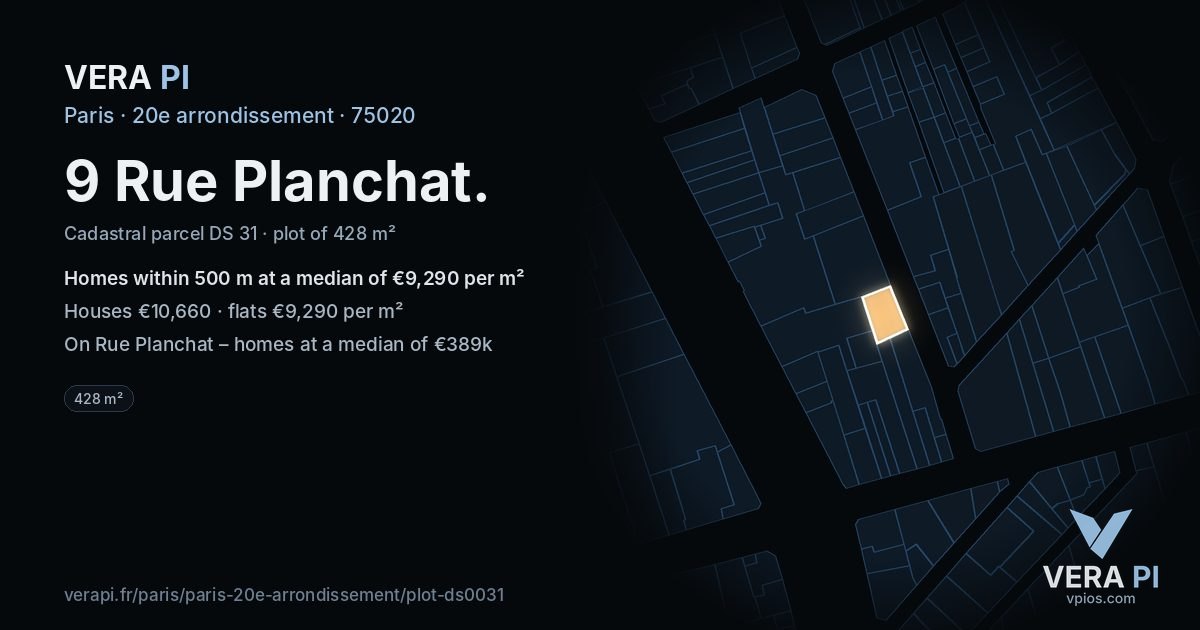 9 Rue Planchat, 20e arrondissement at night – the plot lit, the parcels around coloured by the prices near them