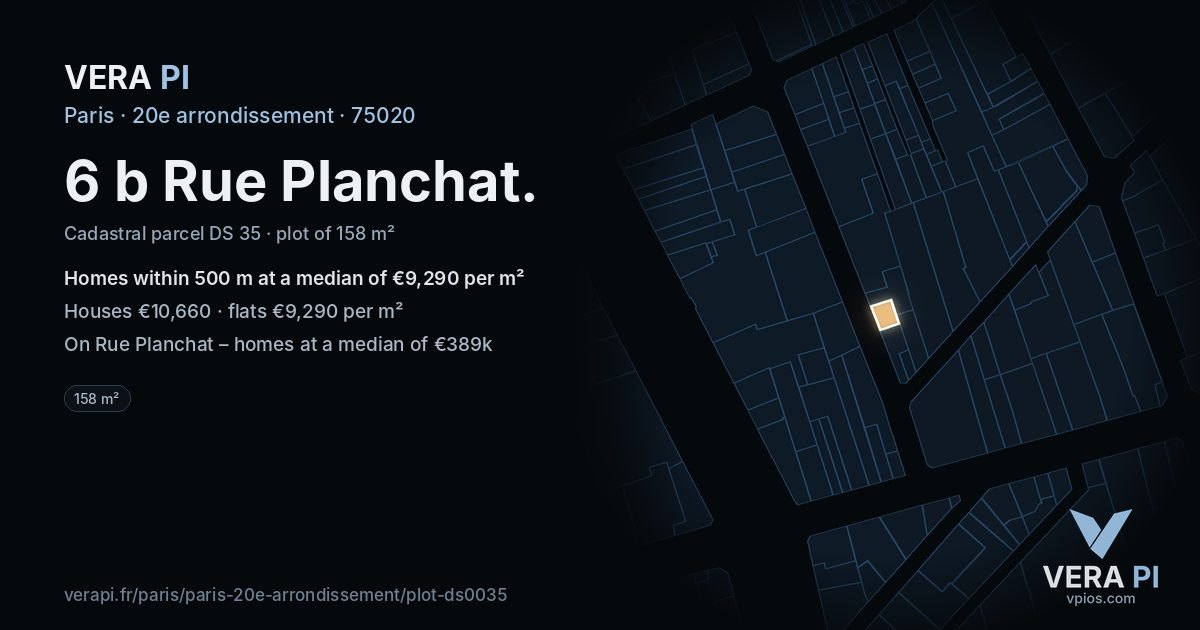 6 b Rue Planchat, 20e arrondissement at night – the plot lit, the parcels around coloured by the prices near them