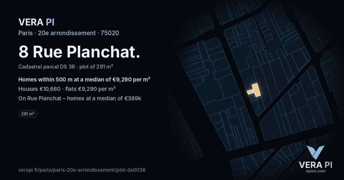 8 Rue Planchat, 20e arrondissement at night – the plot lit, the parcels around coloured by the prices near them