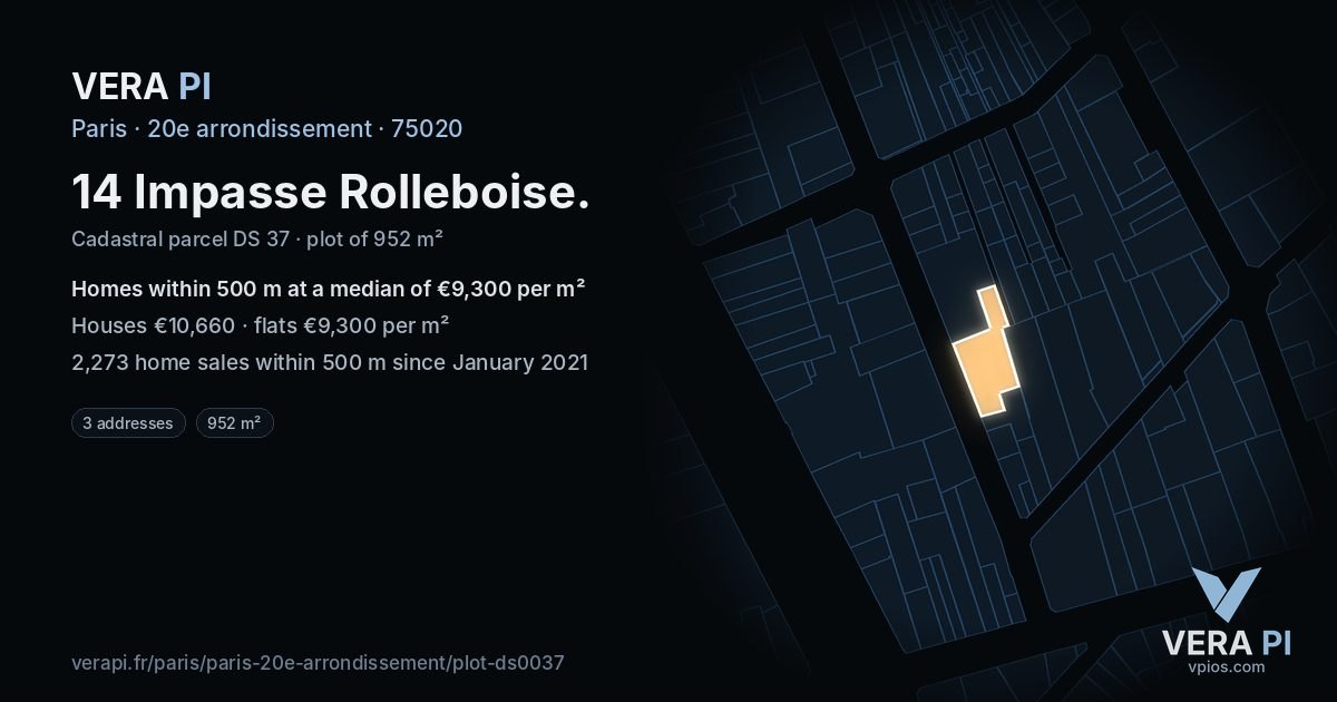 14 Impasse Rolleboise, 20e arrondissement at night – the plot lit, the parcels around coloured by the prices near them