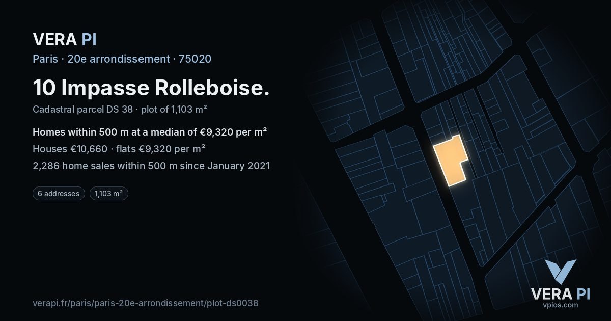 10 Impasse Rolleboise, 20e arrondissement at night – the plot lit, the parcels around coloured by the prices near them