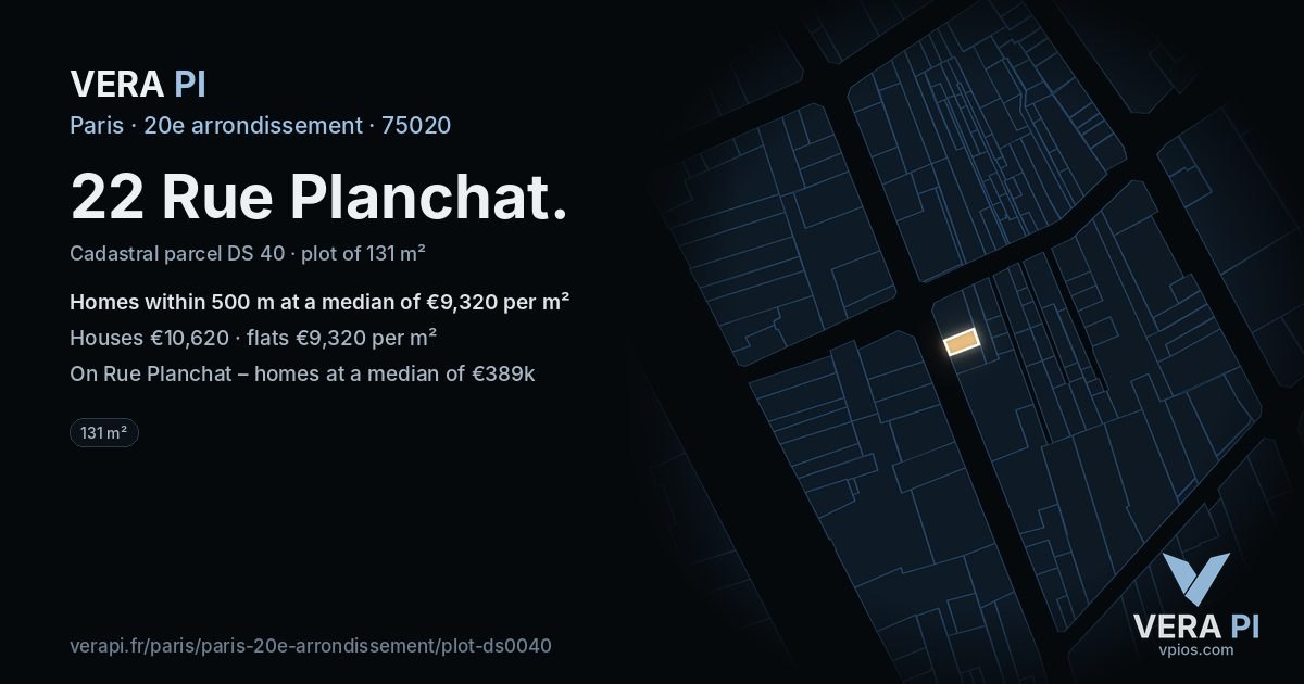 22 Rue Planchat, 20e arrondissement at night – the plot lit, the parcels around coloured by the prices near them