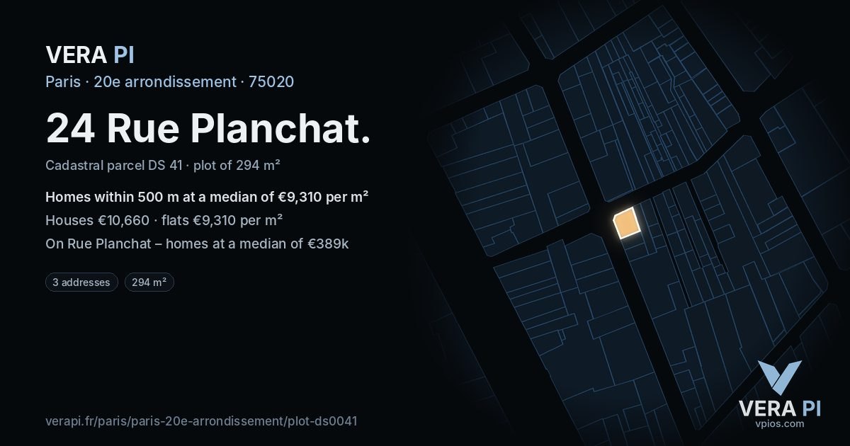 24 Rue Planchat, 20e arrondissement at night – the plot lit, the parcels around coloured by the prices near them