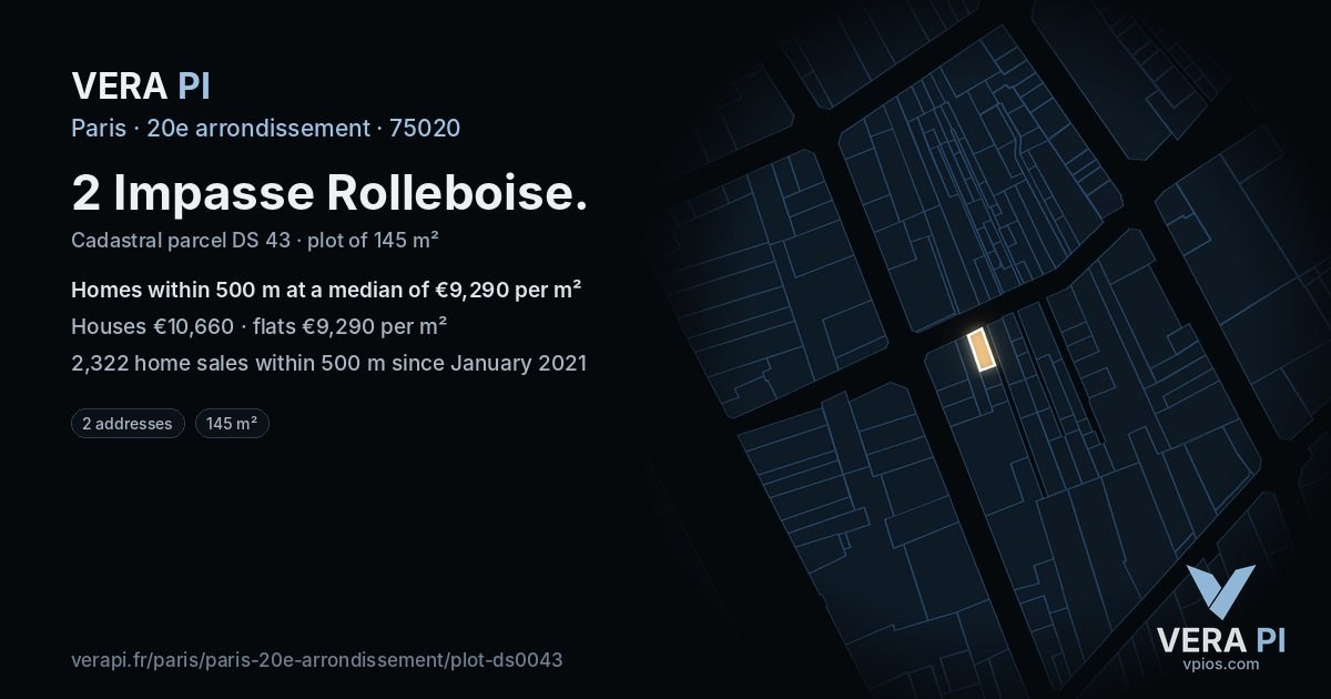 2 Impasse Rolleboise, 20e arrondissement at night – the plot lit, the parcels around coloured by the prices near them