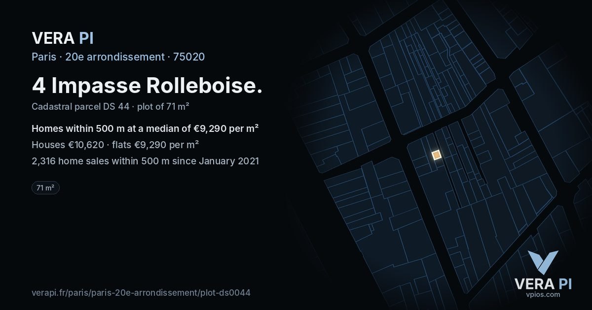 4 Impasse Rolleboise, 20e arrondissement at night – the plot lit, the parcels around coloured by the prices near them