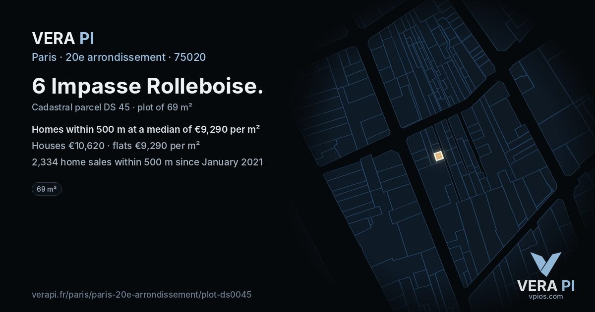 6 Impasse Rolleboise, 20e arrondissement at night – the plot lit, the parcels around coloured by the prices near them