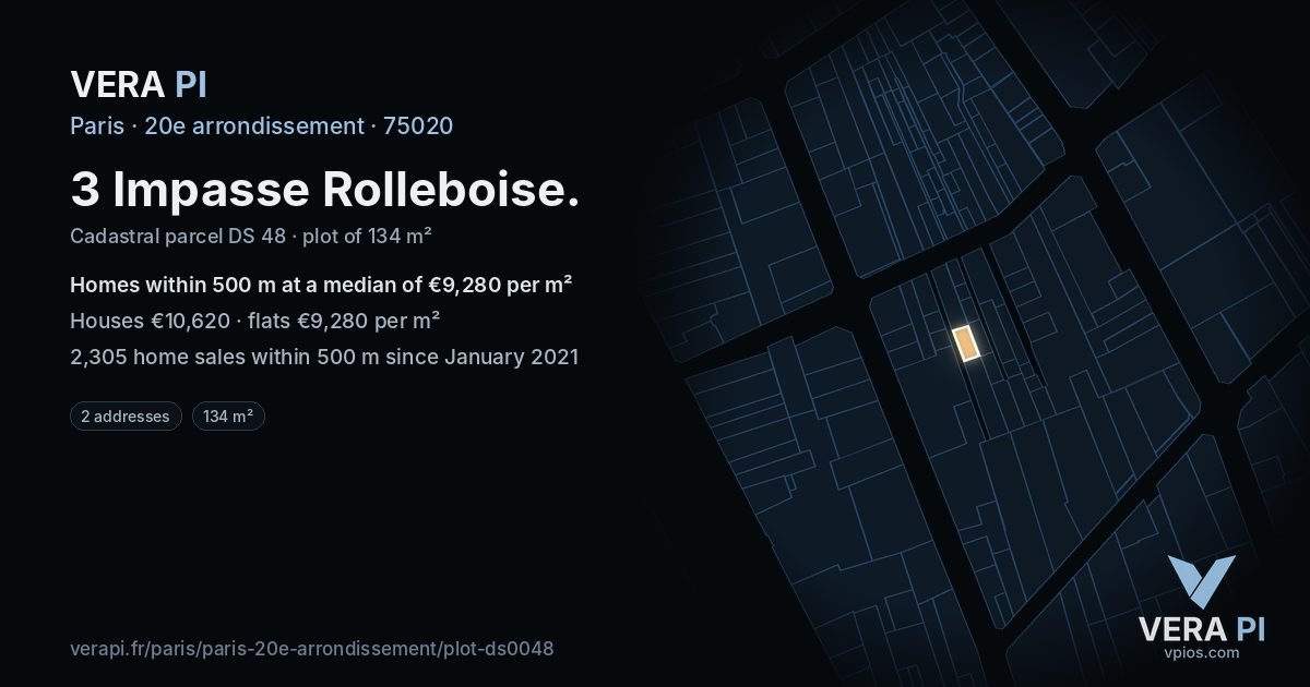 3 Impasse Rolleboise, 20e arrondissement at night – the plot lit, the parcels around coloured by the prices near them