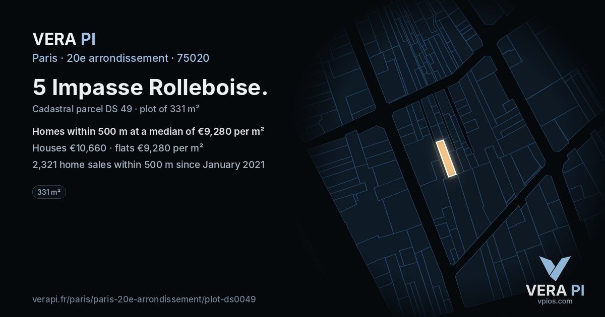 5 Impasse Rolleboise, 20e arrondissement at night – the plot lit, the parcels around coloured by the prices near them