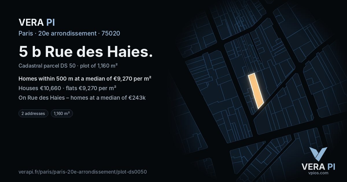 5 b Rue des Haies, 20e arrondissement at night – the plot lit, the parcels around coloured by the prices near them