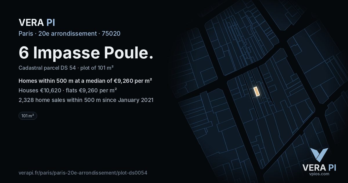 6 Impasse Poule, 20e arrondissement at night – the plot lit, the parcels around coloured by the prices near them
