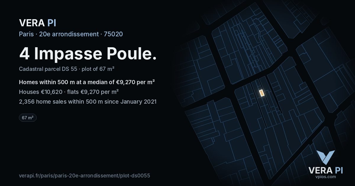 4 Impasse Poule, 20e arrondissement at night – the plot lit, the parcels around coloured by the prices near them