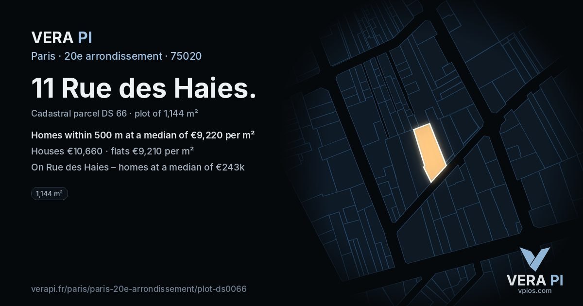 11 Rue des Haies, 20e arrondissement at night – the plot lit, the parcels around coloured by the prices near them