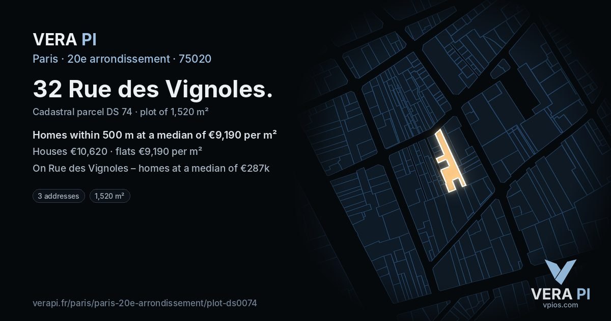 32 Rue des Vignoles, 20e arrondissement at night – the plot lit, the parcels around coloured by the prices near them