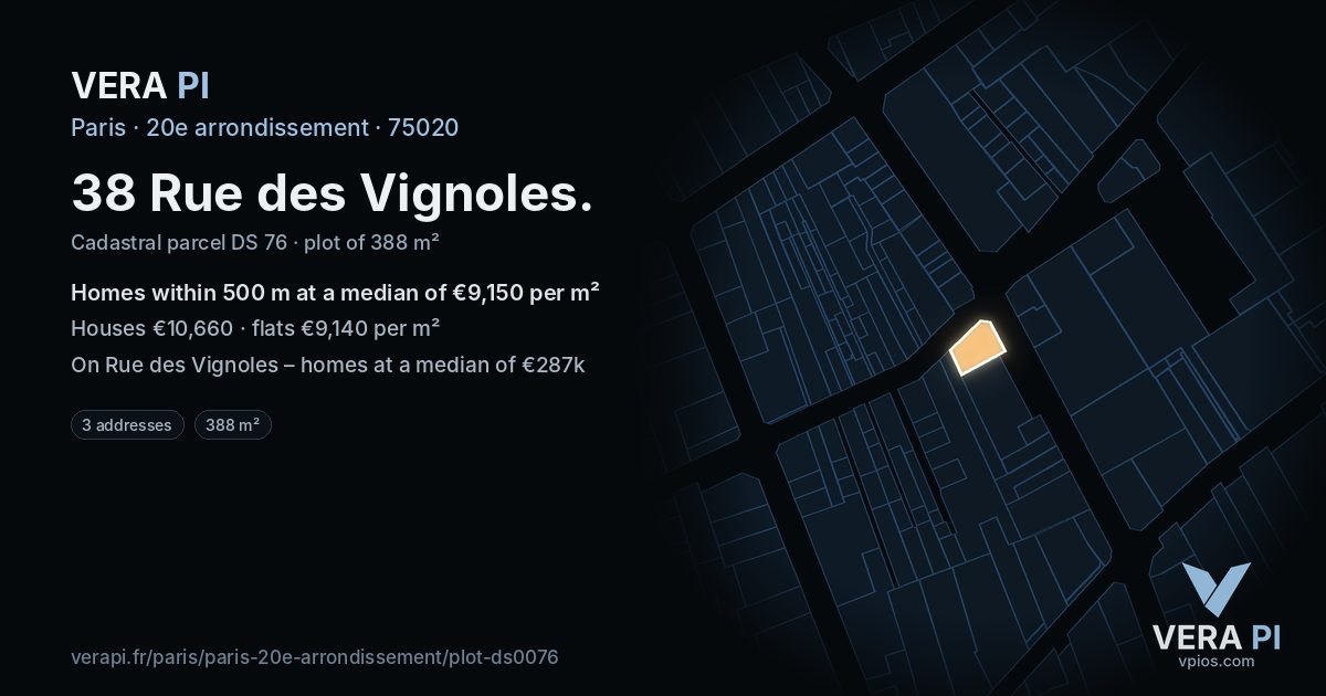 38 Rue des Vignoles, 20e arrondissement at night – the plot lit, the parcels around coloured by the prices near them