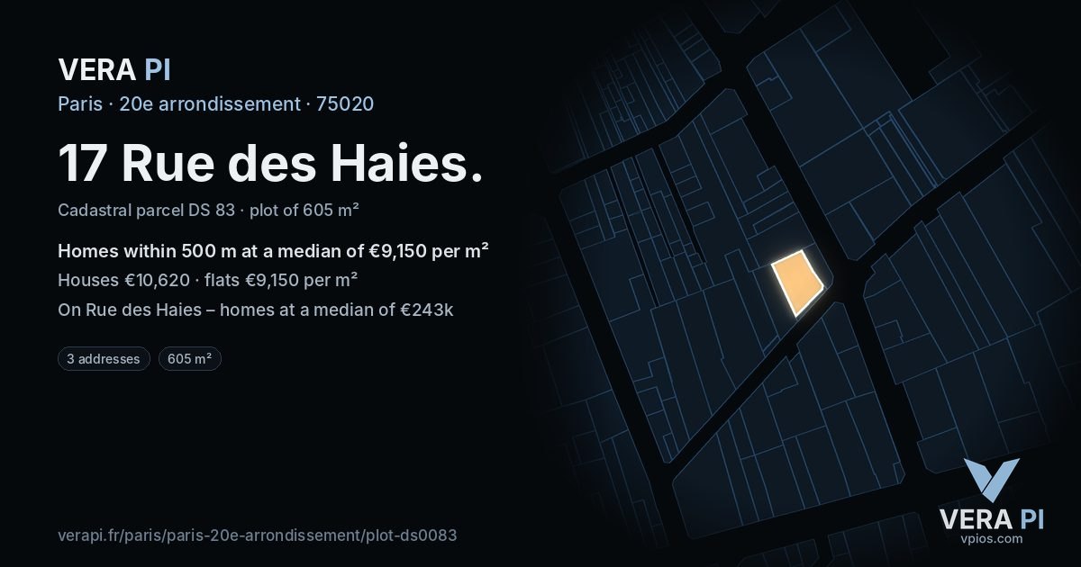 17 Rue des Haies, 20e arrondissement at night – the plot lit, the parcels around coloured by the prices near them