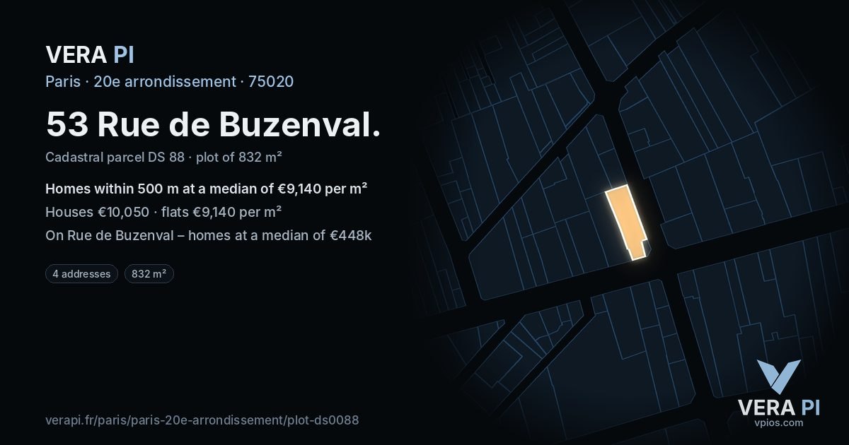53 Rue de Buzenval, 20e arrondissement at night – the plot lit, the parcels around coloured by the prices near them