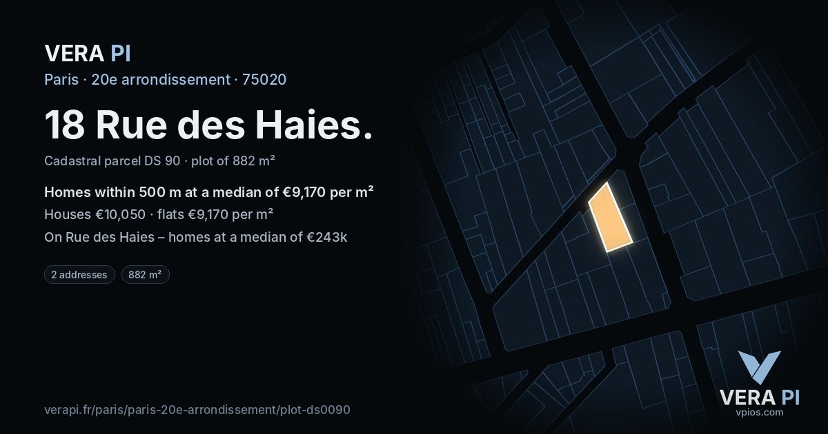 18 Rue des Haies, 20e arrondissement at night – the plot lit, the parcels around coloured by the prices near them