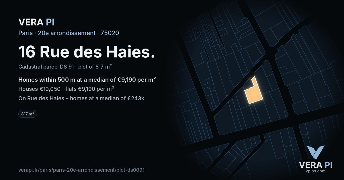 16 Rue des Haies, 20e arrondissement at night – the plot lit, the parcels around coloured by the prices near them