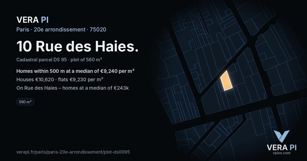 10 Rue des Haies, 20e arrondissement at night – the plot lit, the parcels around coloured by the prices near them