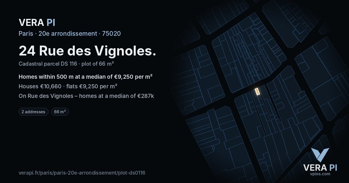 24 Rue des Vignoles, 20e arrondissement at night – the plot lit, the parcels around coloured by the prices near them