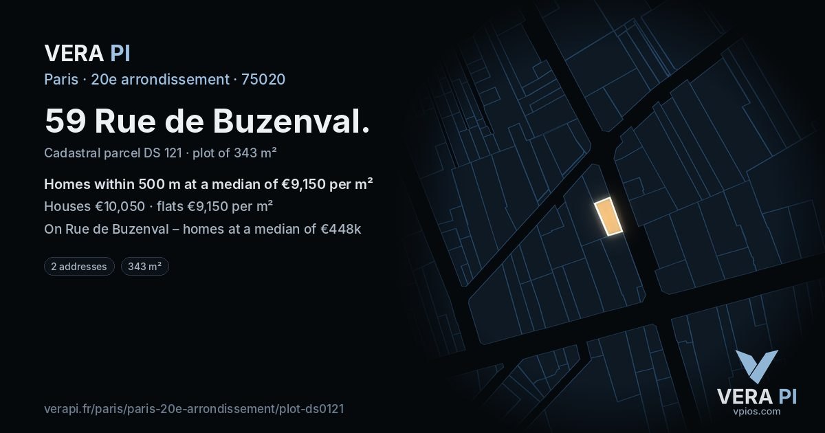 59 Rue de Buzenval, 20e arrondissement at night – the plot lit, the parcels around coloured by the prices near them