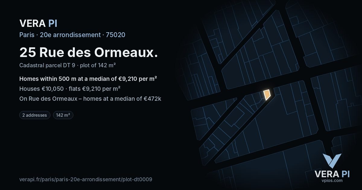 25 Rue des Ormeaux, 20e arrondissement at night – the plot lit, the parcels around coloured by the prices near them