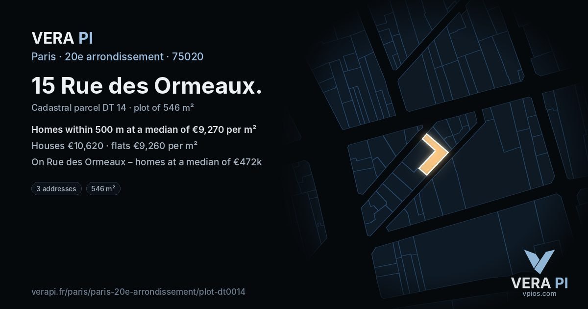 15 Rue des Ormeaux, 20e arrondissement at night – the plot lit, the parcels around coloured by the prices near them